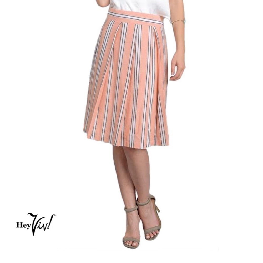 Pink and White Cotton Striped and Pleated Flared Full Skirt Size Medium -Hey Viv